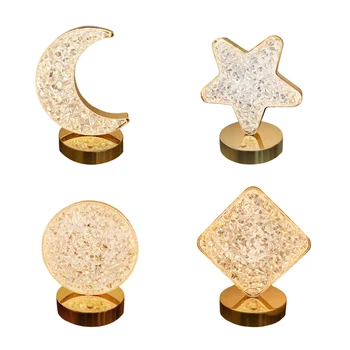Настолна лампа от златен акрил кристал във формата на Луната и звездите Луксозна 3 Режима на осветление, Декорации за дома офиса Дневна нощна светлина