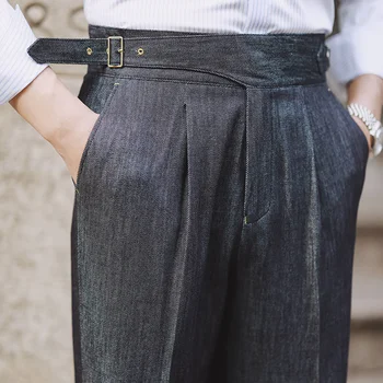 Модерен мъжки панталони 2023 г. с висока талия, прави панталони, мъжки пролетни бизнес панталони с универсален колан, джентльменские панталони с копчета Paris