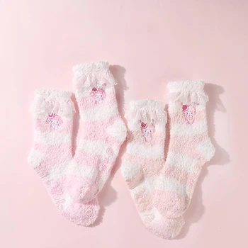 Плюшени чорапи Kawaii Sanrios от картун Kuromi My Melody, аниме, сладко момиче, дантелени домашни плюшени топли чорапи, детски Коледни подаръци