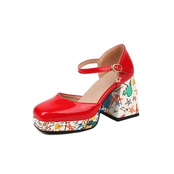 Размер 34-47 Дамски обувки Mary Jane от лачена кожа на платформа, дамски червени сватбени обувки с квадратни пръсти на блок ток