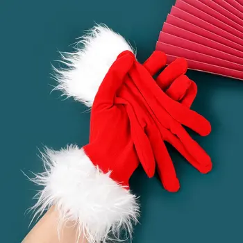 Ръкавици на Дядо Коледа, бели кожени елегантни вечерни Къси Червени Ръкавици на Дядо Коледа с пълни пръсти, Аксесоари за коледните празници костюми, Ръкавици без пръсти