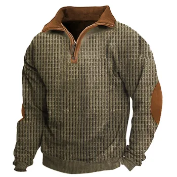 Мъжки обикновена блузи с дълъг ръкав, блузи в стил ретро, яка-часова, с цип, есенен пуловер оверсайз, градинска дрехи, качулки.