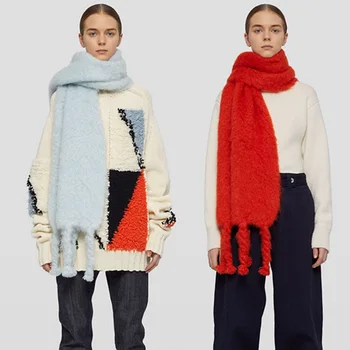 зима 2023, нов дамски шал с имитация на кашмир и пискюли, обикновен, монохромен, Мохеровый, утолщающий топлина, който предпазва от студ, шал