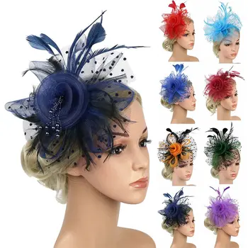 Дамски шапка-чародейката, превръзка на главата за чаено парти, сватба, коктейл, на окото, цветни пера, шнола за коса.